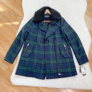 Steve Madden Women's Wool Blend Plaid Coat with Fur Trim, Green/Navy, Size M